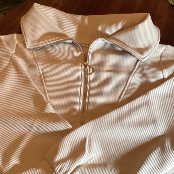 Women's Cream Ribbed Half-Zip Pant Set, L. Wide legs, stretch NEW - Picture 2 of 12